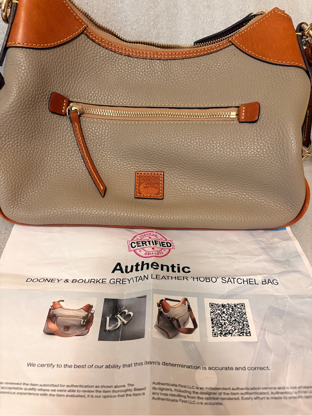 Dooney & Bourke Grey Pebble Leather Hobo Satchel Tan Trim DB Charms COA